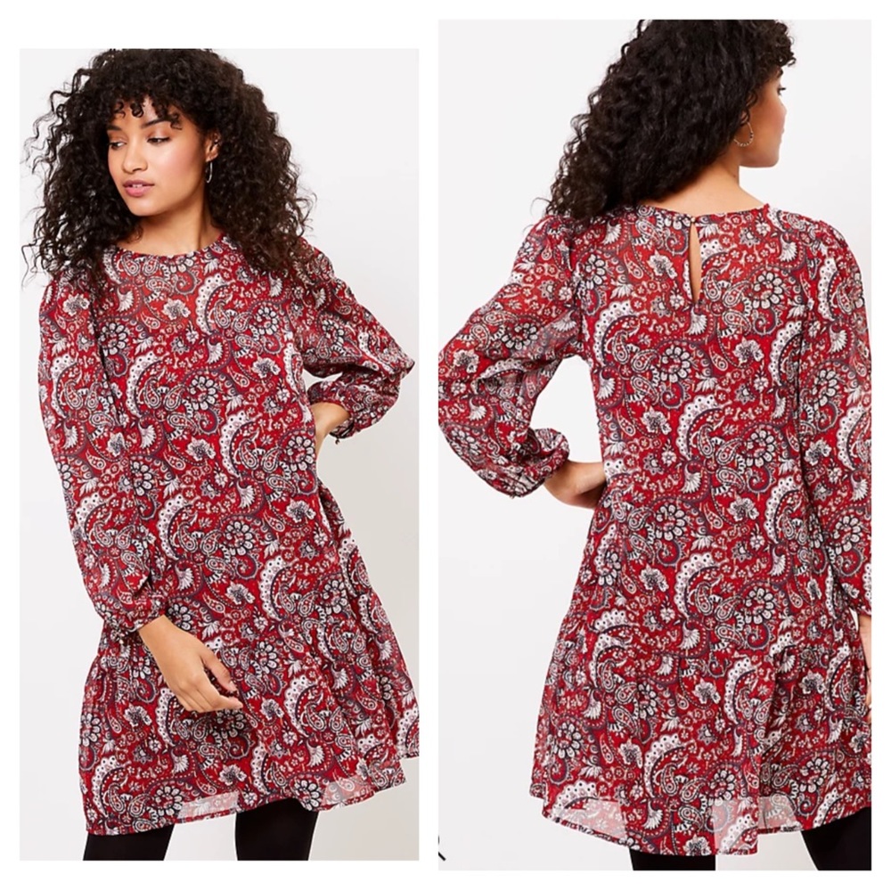 Loft Petites NWT Burgundy Red Shimmer Paisley Flounce Dress Size Medium Petite